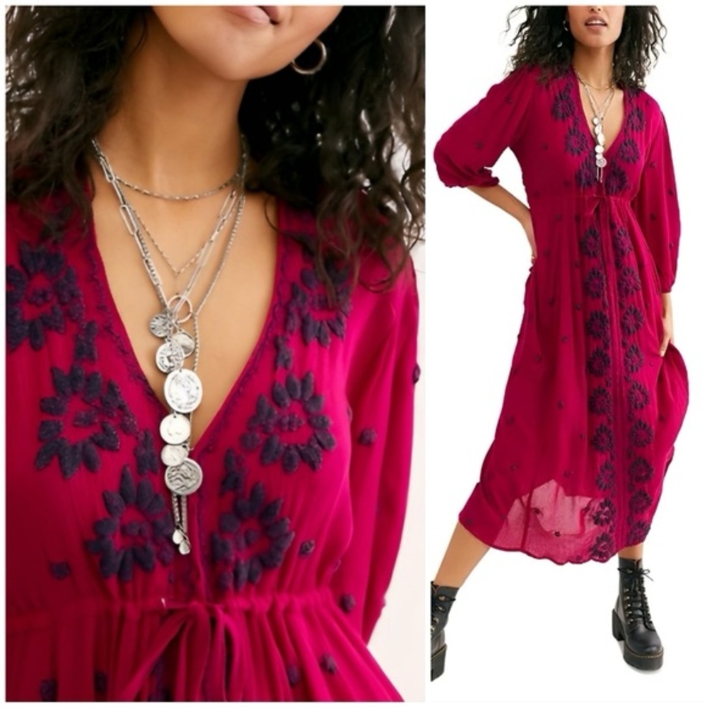 Free People Magenta Embroidered 3/4 Sleeve Maxi Dress, XS